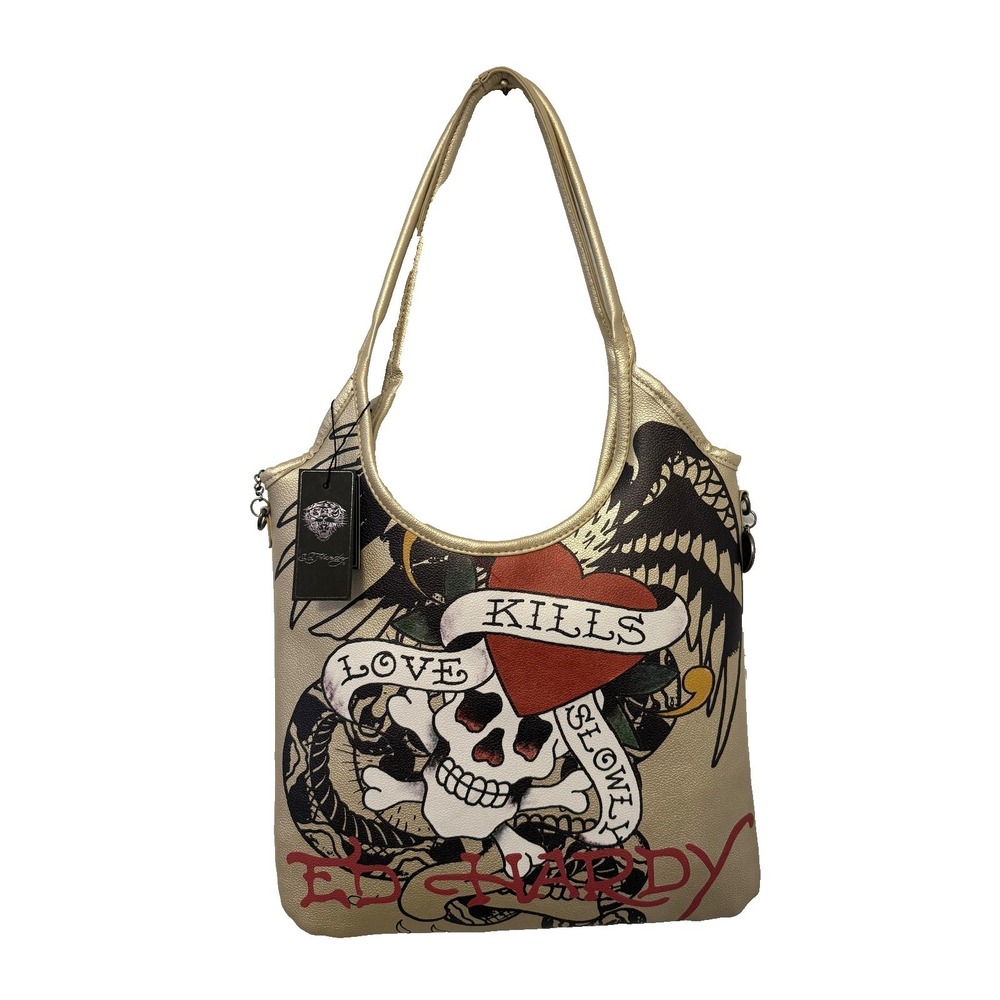 Ed Hardy Gold Shoulder Bag Love Kills Slowly Skull Y2K Tattoo NWT